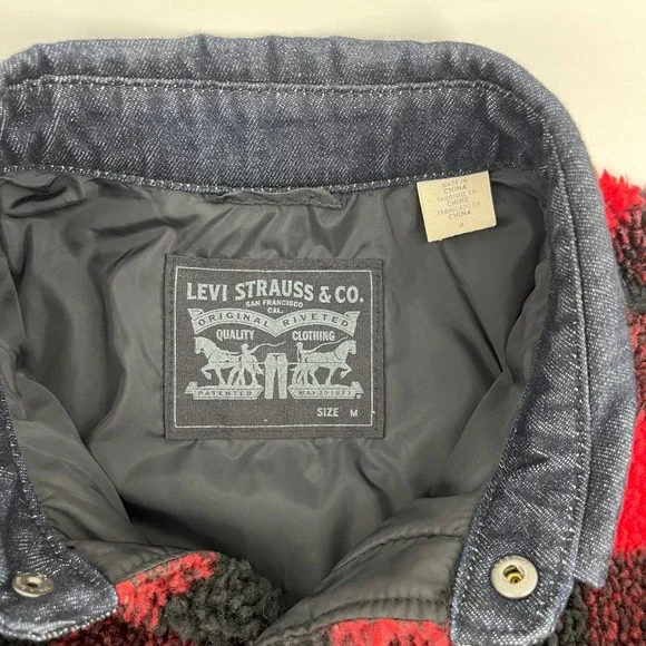 Levi Mens Sherpa Fleece Buffalo Plaid‎ Shirt Jacket Denim Collar Size M - Picture 3 of 7